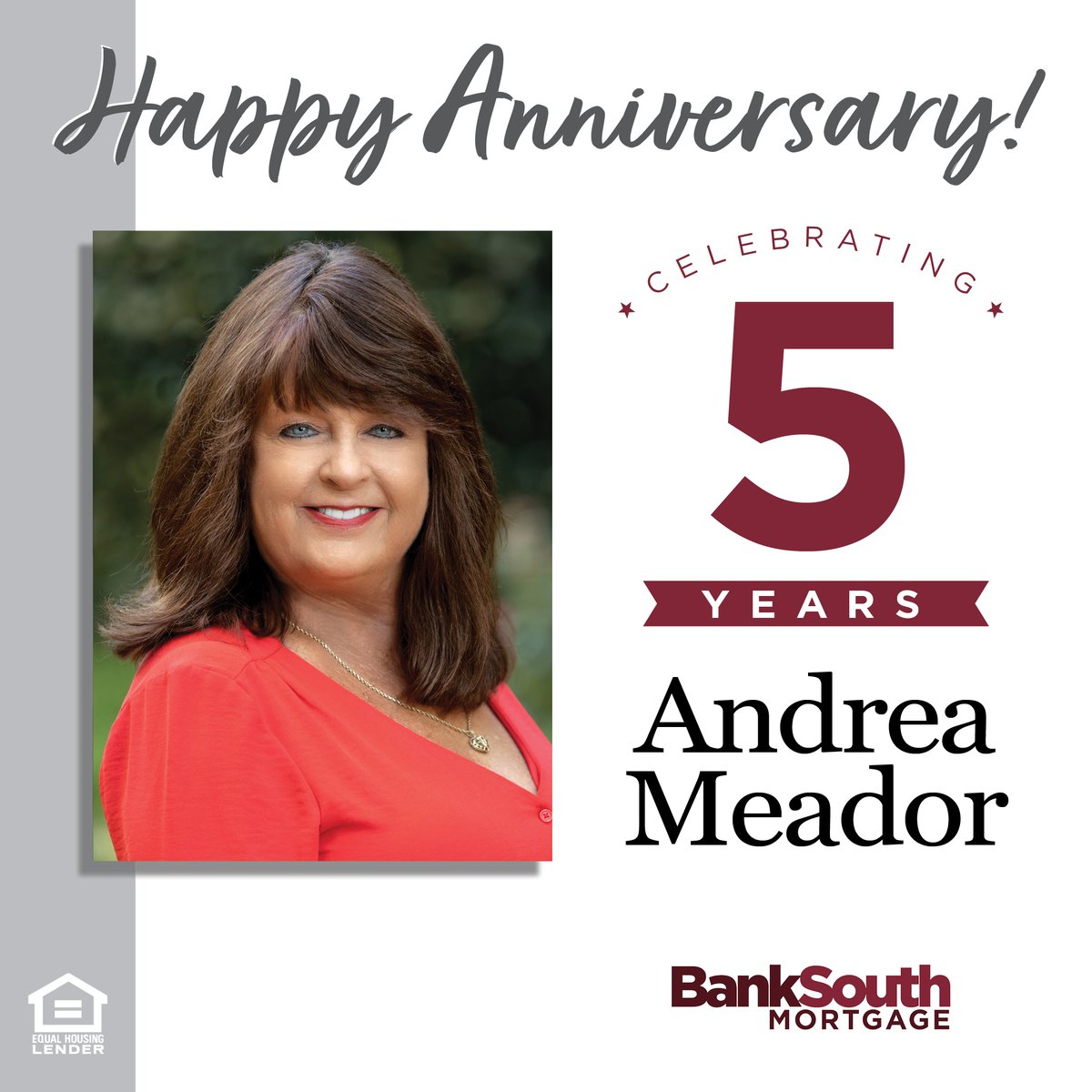 BankSouth_Mtg's tweet photo. Congratulations to Andrea Meador for achieving an impressive milestone - 5 years of dedication and excellence at @banksouthmtg! Andrea, your hard work, passion, and commitment have been invaluable. Here's to many more years of success and collaboration ahead! https://t.co/hdw6hUSwjD
