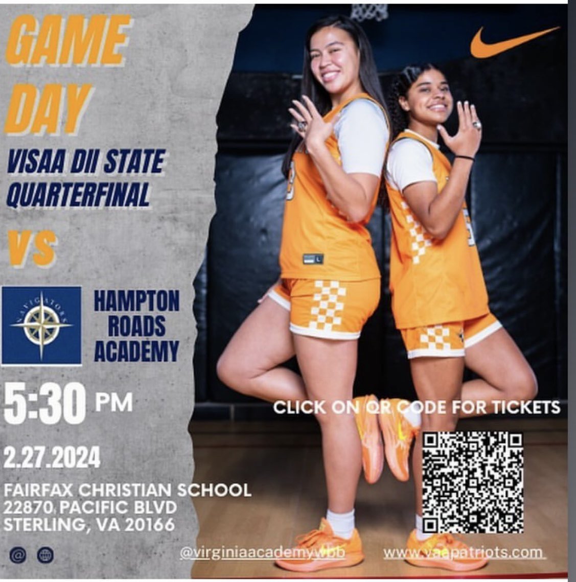 🚨GAMEDAY🚨
🏀VISAA STATE QUARTERFINALS🏀

Big game tonight-Come out and support the Lady Patriots‼️

📍Fairfax Christian School 
🆚Hampton Roads Academy 
⌚️tip-off-5:30
🎟️ gofan.co/event/1431469?…