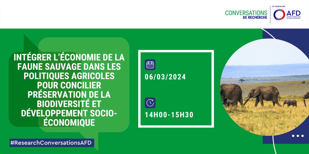 📆 À l'occasion de la Journée Mondiale de la vie sauvage #WorldWildlifeDay 🐘, nous vous donnons rendez-vous pour une #ResearchConversationsAFD le 06/03 de 14h à 15h30 !

Pour s'inscrire 👉 bit.ly/3wFUvzn
<a href="/HayleySClements/">Hayley Clements</a> <a href="/LWaruingi/">Lucy WARUINGI</a> @RewildingEurope <a href="/StellenboschUni/">Stellenbosch University</a>
