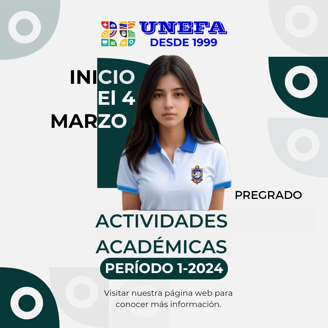 Unefa_VEN's tweet photo. Atención UNEFISTA el periodo académico 1-2024 inicia a nivel nacional el 4 de marzo 2024.
 Los esperamos.

@vladimirpadrino @FelixOsorioG @sandraoblitasr https://t.co/rtSjo5tjQG