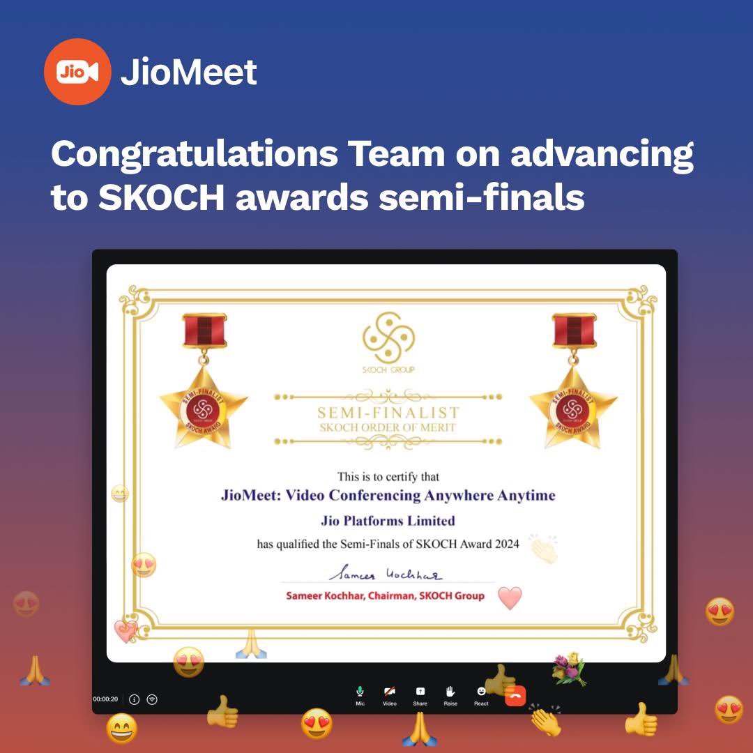 We're elated to share that JioMeet has advanced to the Semi-Finals of the prestigious SKOCH Awards! 🎉 

This remarkable milestone underscores our team's unwavering dedication, innovative approach, and commitment to excellence in event management.