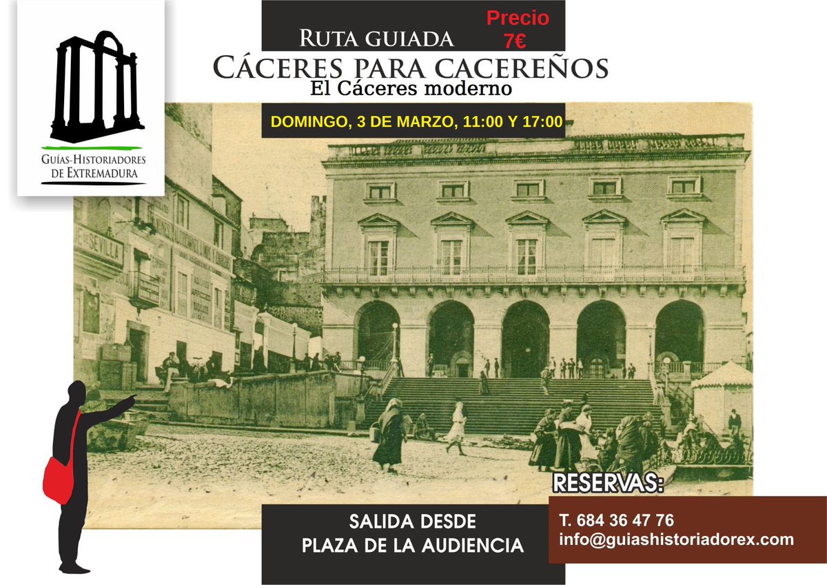 Abrimos marzo con un "Cáceres moderno". Este domingo día 3, en turnos de mañana (11h.) y de tarde (17h.), os esperamos en la Plaza de la Audiencia. Información y reservas, en la imagen adjunta.