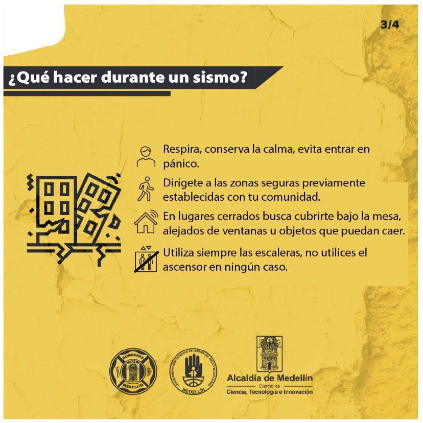 DAGRDMedellin's tweet photo. ⚠️¿Qué es un sismo y cómo actuar antes, durante y después?

Tras el reciente sismo de magnitud 4.0 con epicentro en el municipio de Bello - Antioquia. Desde el DAGRD, te invitamos a tener presente  las siguientes recomendaciones. https://t.co/yPalvnL0bv