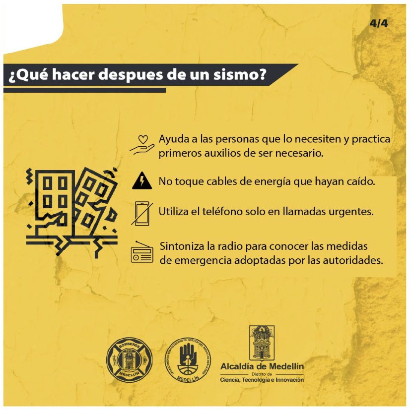 ⚠️¿Qué es un sismo y cómo actuar antes, durante y después?

Tras el reciente sismo de magnitud 4.0 con epicentro en el municipio de Bello - Antioquia. Desde el DAGRD, te invitamos a tener presente  las siguientes recomendaciones.