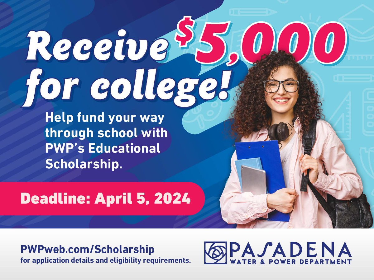 Pasadena Water & Power (@pwpnews) on Twitter photo Time is ticking to apply for PWP’s scholarship program. High school seniors, don’t let this opportunity to fund your college education slip by! For the chance to earn up to $5,000 toward your college education, visit PWPweb.com/Scholarship & apply by April 5, 2024. <a href="/PasadenaGov/">City of Pasadena</a> Time is ticking to apply for PWP’s scholarship program. High school seniors, don’t let this opportunity to fund your college education slip by! For the chance to earn up to $5,000 toward your college education, visit PWPweb.com/Scholarship & apply by April 5, 2024. <a href="/PasadenaGov/">City of Pasadena</a>