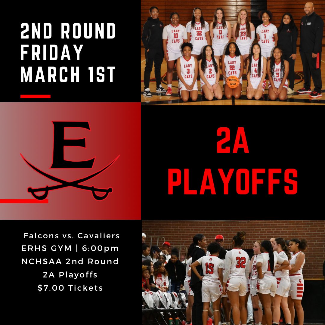 NCHSAA Girls 🏀 2A State Playoffs
Round 2

1️⃣5️⃣Forbush

🆚

2️⃣ East Rutherford 

⏰: 6:00pm
🎟️: $7.00
📍: ERHS
📅: Friday March 1st

#WeTheEast #SwordsUp⚔️
#Round2