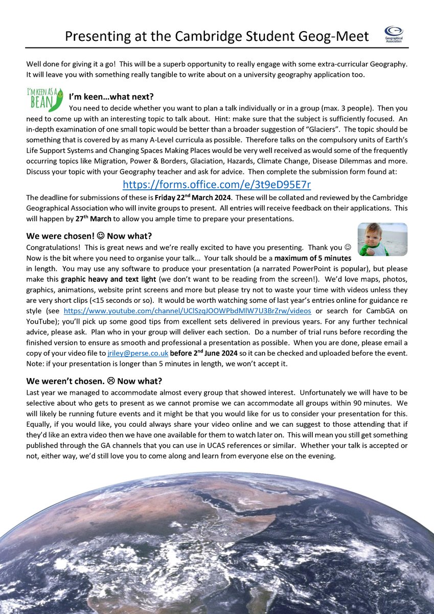 GeogMeet 2024 is now live. Student submission of proposals deadline is Friday 22nd March. See forms.office.com/e/3t9eD95E7r for proposals. Good luck!
