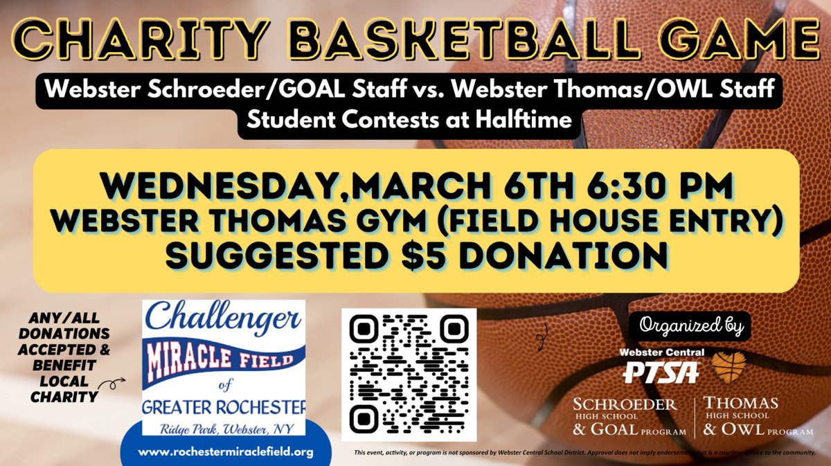 The annual Charity Basketball Game between @SchroederHS / @GOALisGreat staff & @ThomasTitans /OWL staff is Wed, March 6, 6:30pm in the Thomas gym (field house entry). Suggested donations $5. Proceeds benefit Challenger Miracle Field. @SchroederPTSA @WTHSPTSA