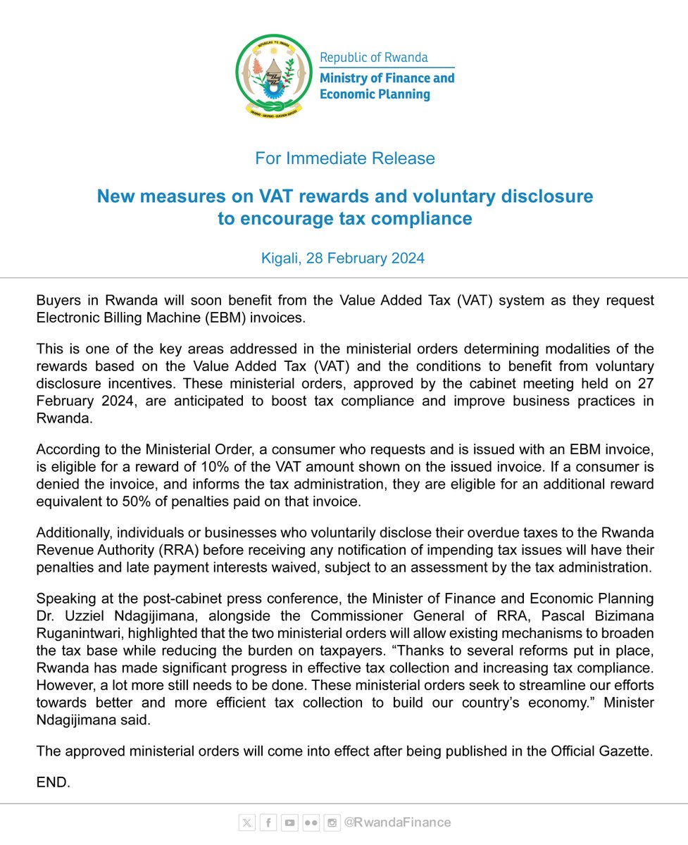 Press Release: @RwandaGov announces new measures on VAT rewards and voluntary disclosure to encourage tax compliance