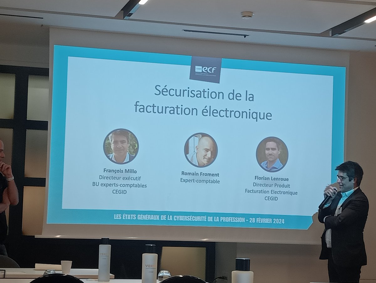 Atelier- sécurisation de la facture électronique animé par Cegid - États Généraux de la #cybersecrite #Facture électronique # FE #securite 
<a href="/CegidFrance/">Cegid France</a>  <a href="/syndicatECF/">ECF</a>  @FlorianLenroue <a href="/millo_fmillo/">François Millo</a>  <a href="/RomainFROMENT3/">Romain FROMENT</a>