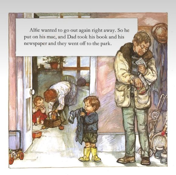 The astonishing optimism of Alfie's dad taking a book AND a newspaper on a trip to the park with a four-year-old child.