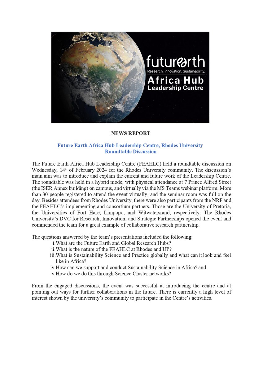 News Report - Future Earth Africa Hub Leadership Centre, Rhodes University Roundtable Discussion.

Please also see the follwing links: Future Earth Brochure: ru.ac.za/iser/research/…
Round Table Discussion recording:  youtube.com/watch?v=g3Q23o…