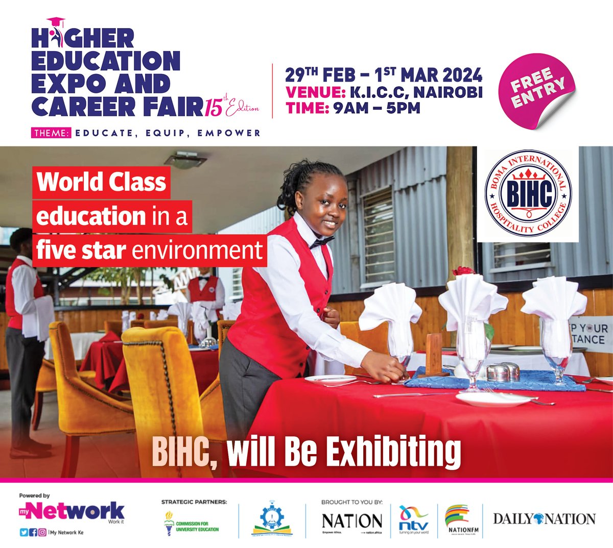 Experience world-class education in a star environment from @bomacollege at the 15th Edition of the Higher Education Expo and Career Fair. Venue: KICC Grounds Date: 29th Feb to 1st March Entry is FREE! #NMGCareerFair