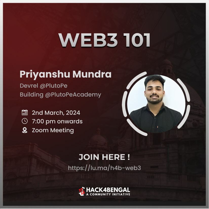hack4bengal's tweet photo. Join @Mundr1Priyanshu , as he unveils the secrets of Web3! 🚀✨

Mark your calendars : 

🗓Date : 2nd March, 2024
⏰Time :  7 PM onwards
🗣Speaker : Priyanshu Mundra (Developer relations @Plutopeio , building @PlutoPeAcademy) 

#h4bs3 #hack4bengal https://t.co/IMxQEhSHvi
