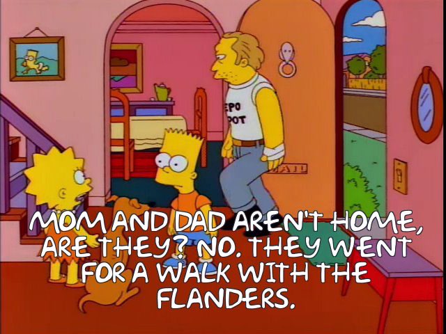 SimpsonsOnX's tweet photo. In an episode where a child gets a credit card, and a dog does a backflip, this is still the most unbelievable part. Homer walking? With the Flanders?! https://t.co/Ggxbtg0tbd