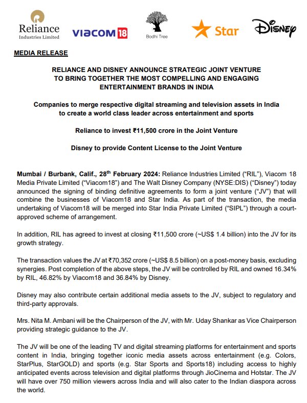 Viacom18 and Star India are joint ventures now

This means the streaming wing of this joint venture holds rights content from:
- Paramount 
- Warner Bros (licensed to Reliance)
- Universal and Peacock
- Disney and 20th Century Fox

It’s worth noting that all these four