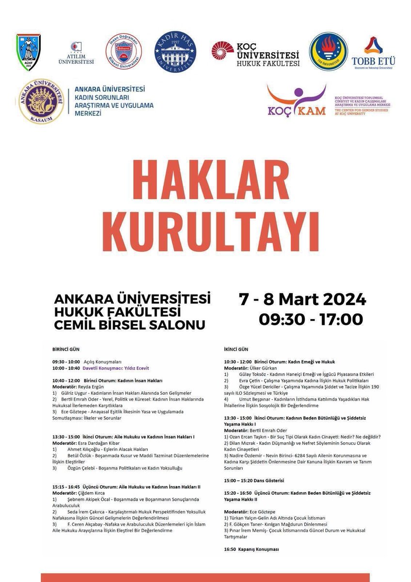 ihm_bilkent's tweet photo. 8 Mart Dünya Kadınlar Günü vesilesiyle Bilkent, Ankara, Atılım, TOBB ETÜ, TED,Kadir Has ve Koç Üniversiteleri ile AÜ Kasaum ve Koçkam’ın paydaşlığında 7-8 Mart 2024 tarihlerinde AÜHF ev sahipliğinde “Haklar Kurultayı” düzenlenecektir. İlgilenen herkes davetlidir. https://t.co/P4myXqLx6W