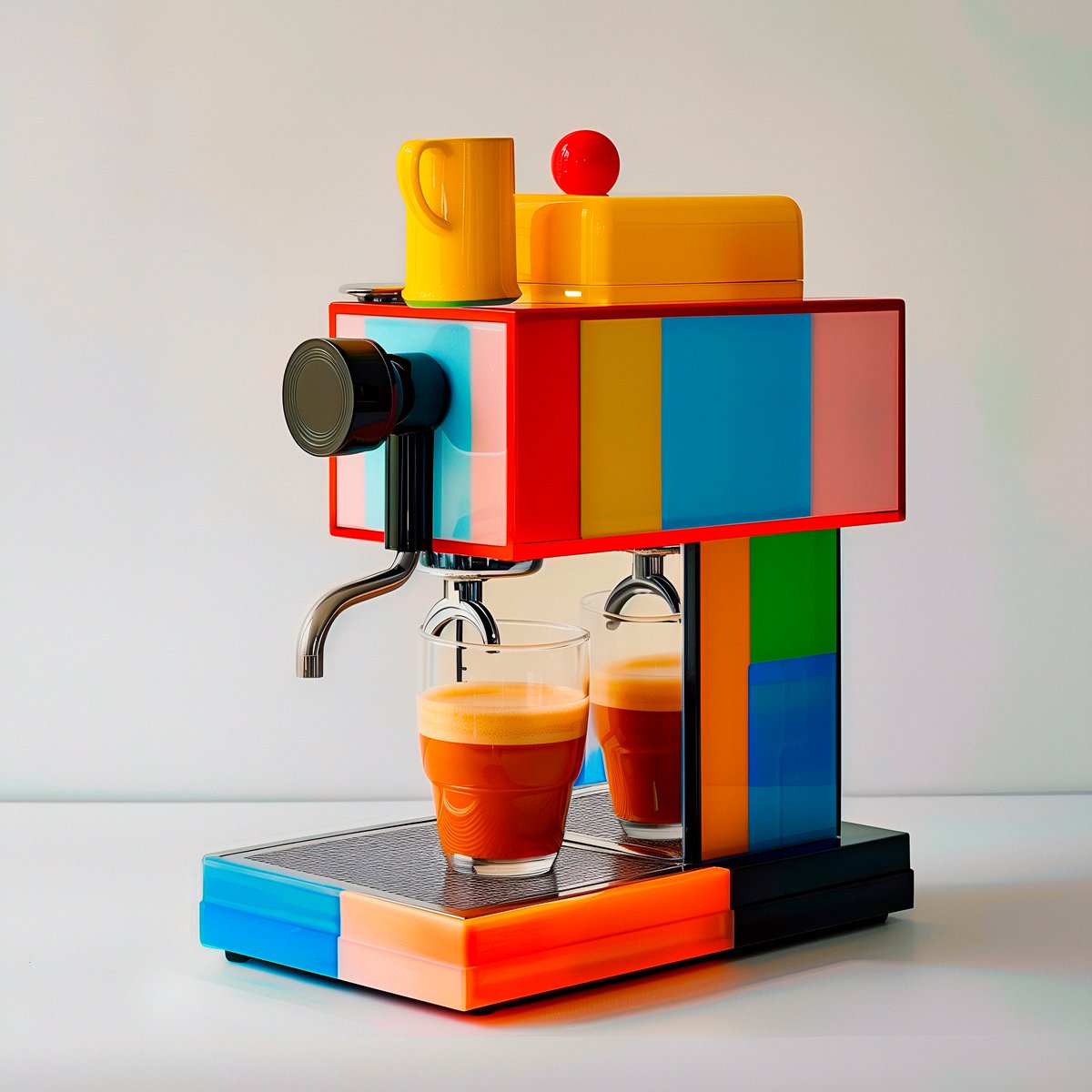 Postmodern coffee maker☕️

#notreally  #AIArtwork  #midjourneyart  #stablediffision #coffeemachines #AI  #productdesign  #postmodern #design  #industrialdesign #primarycolours #colorful