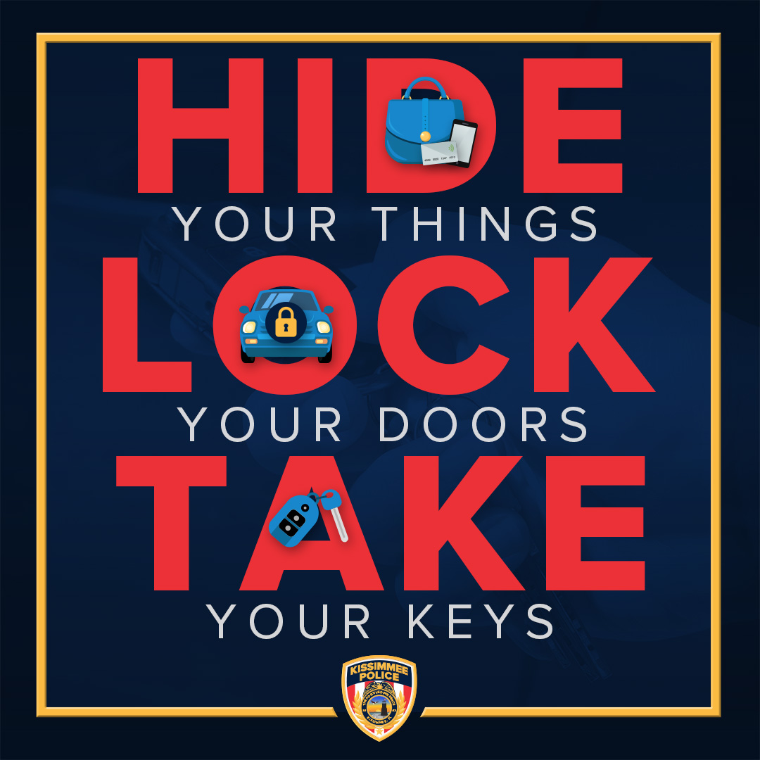 kissimmeepolice's tweet photo. 🚨 Attention, everyone! 🚨

Help us tackle vehicle burglaries! HIDE your items, LOCK your vehicle, and TAKE your keys every time you step away. Let's not make it easy for criminals. If you spot anything suspicious, call us at 407-846-3333. Together, we make our community safer. https://t.co/9Vy7ojl65H