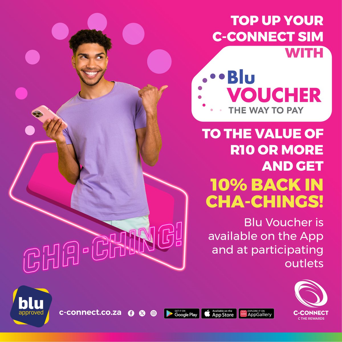 cconnectza's tweet photo. Get your @BluVoucher and earn the rewards with C-Connect
With every top up of R10 and more on Airtime, Data, RINGAS or Blu Voucher you’ll receive 10% back in Cha-Chings.
Dial *105# or download our App to C the Rewards
C-Connect C the Rewards
#CConnect #ChaChings #CTheRewards https://t.co/5gOx6pBhdu