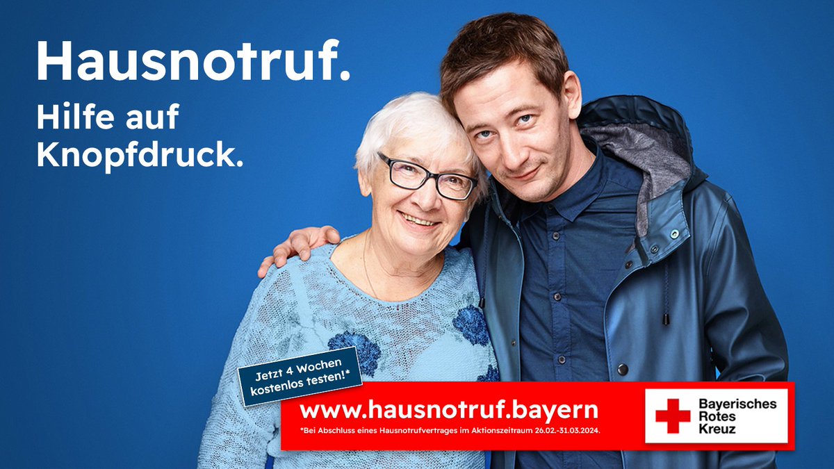 Sicherheit in den eigenen vier Wänden ist keine Frage der Pflegebedürftigkeit. Jeder 2. Kund*in des BRK-Hausnotrufs ist nicht pflegebedürftig – und nimmt ihn dennoch in Anspruch. Wir schenken euch die ersten 4 Wochen im Aktionszeitraum von 26.2.-31.3.2024. hausnotruf.bayern