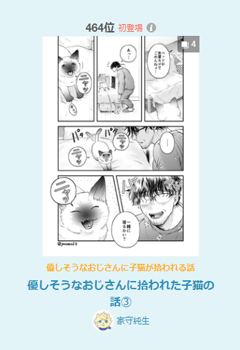 支部に載せた
「優しそうなおじさんに拾われた子猫の話③」
漫画デイリーランキング第464位
漫画ルーキーランキング第54位
女性に人気第122位
…でした🐱ありがとうございます('ω`)
https://t.co/U7v00Dpbwv
