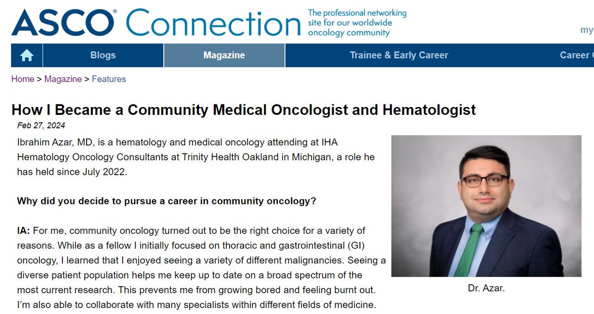 It was a pleasure to talk to @ASCO connection about my career path and my choice of community oncology. If you're a hematology oncology fellow looking for an attending position, I hope you can find my story helpful !

Special thanks for @ASCOTECAG for the opportunity!