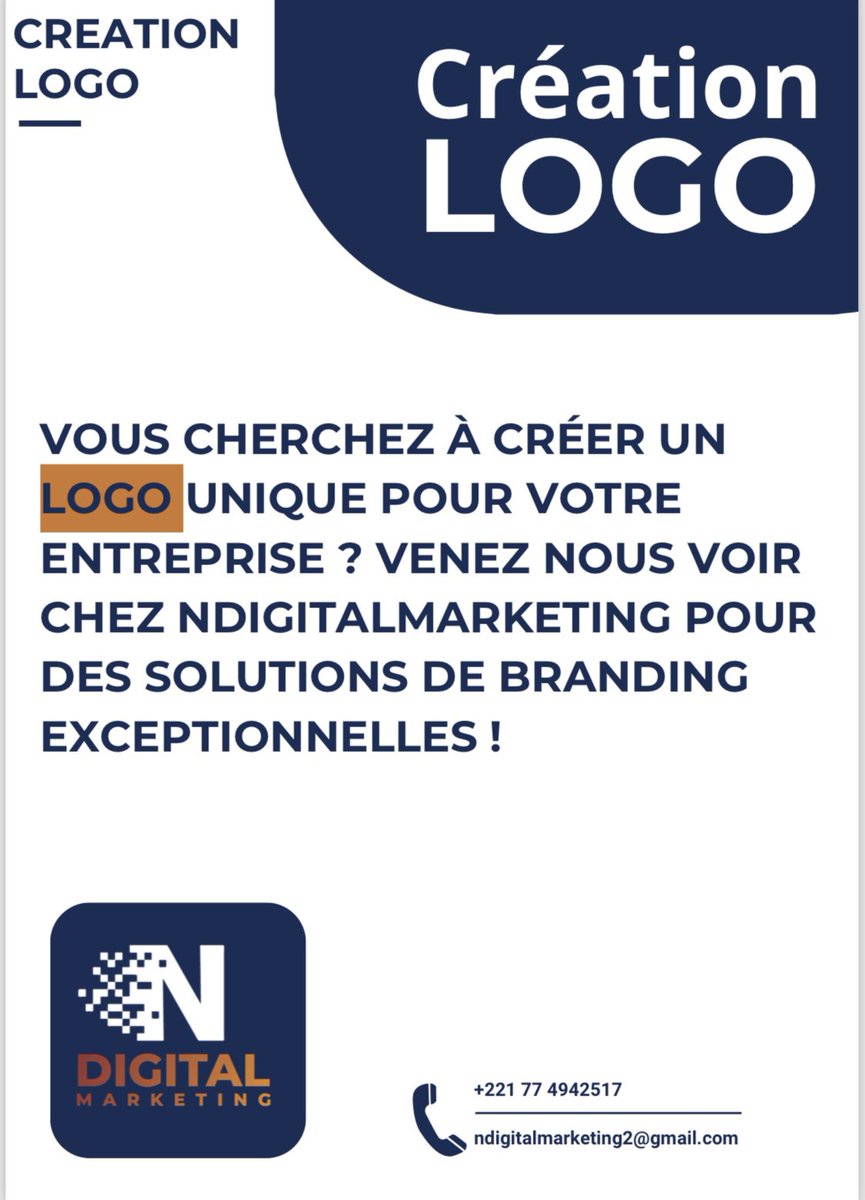 #NDigitalMarketing excelle dans la création de logos uniques et percutants pour donner à votre marque une identité distinctive. Contactez-nous pour discuter de vos besoins en design! +221 774942517 ndigitalmarketing2@gmail.com