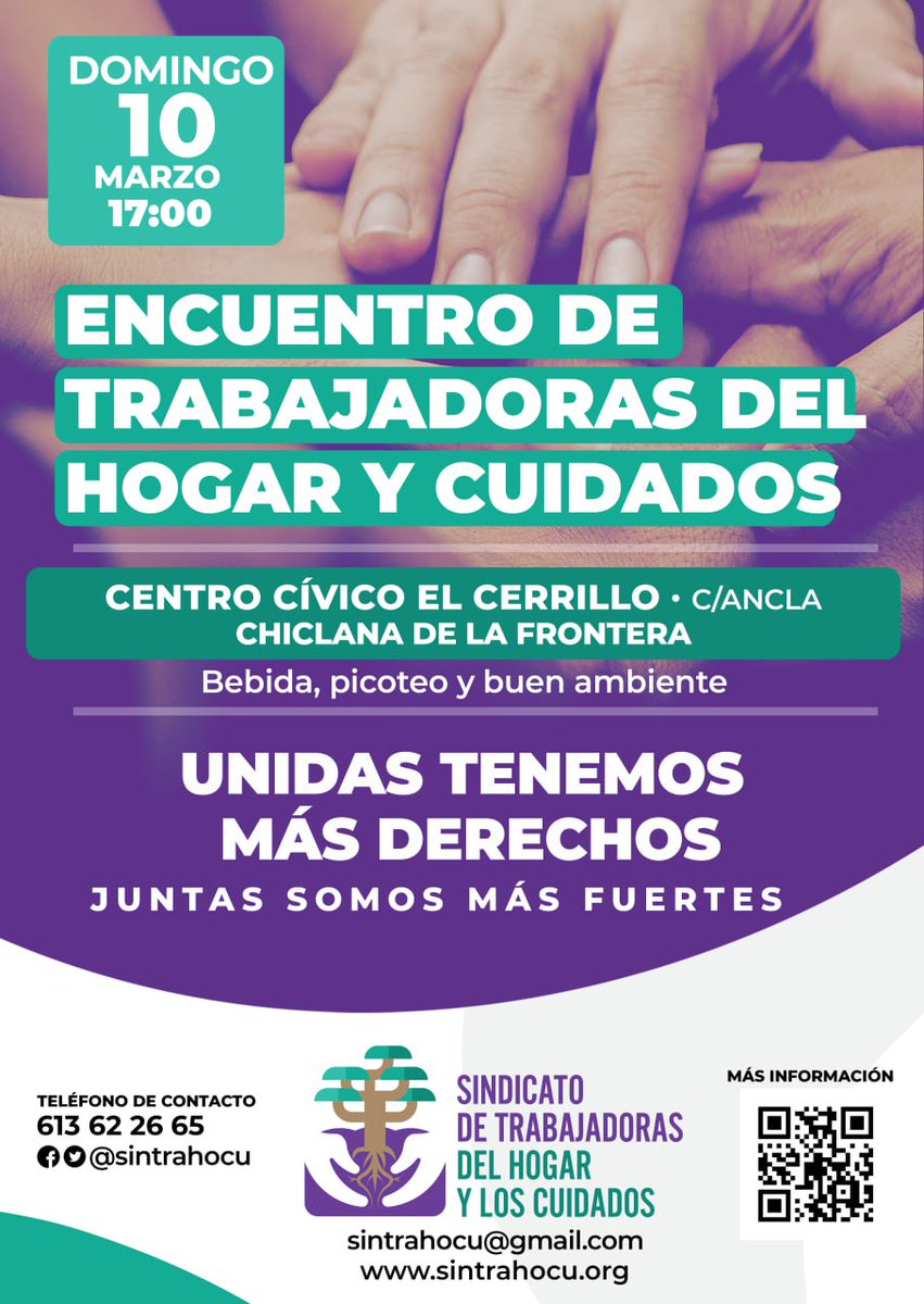 📢Chiclana de la Frontera 👋 El 10 de marzo, nos encontraremos trabajadoras del hogar y los cuidados para disfrutar todes 🫂Un encuentro para conocernos, escucharnos y apoyarnos🎉Habrá buen ambiente, bebida y picoteo ¡No te lo pierdas! 💜 📍Centro Cívico El Cerrillo