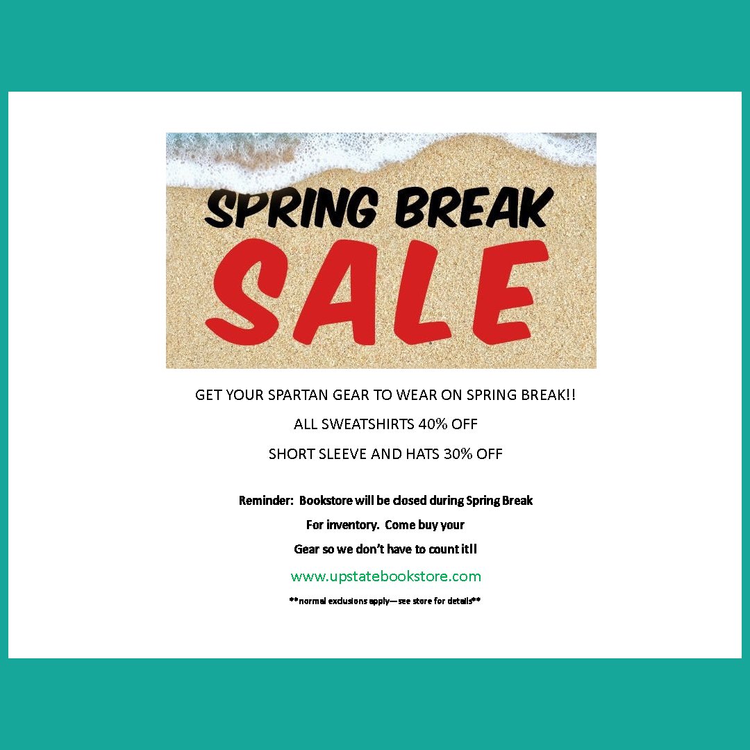 UPSTATEBOOKSTOR's tweet photo. Get Your Gear and Show Off Your Spartan Pride During Spring Break. https://t.co/IwyPSVj7Mx