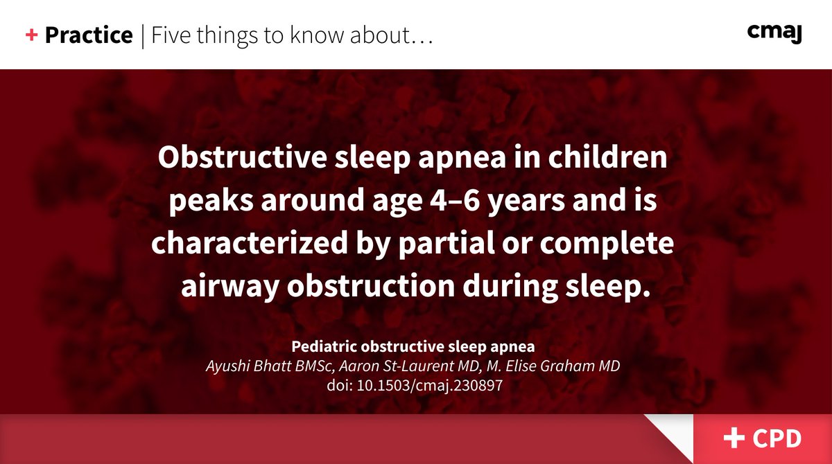 CMAJ (@cmaj) on Twitter photo Children with obstructive sleep apnea can present with symptoms that are different from those in adults, including behavioural changes, hyperactivity, irritability or enuresis.
➡️ cmaj.ca/lookup/doi/10.…
(earn CPD credits)
<a href="/EliseGrahamMD/">Elise Graham, MD, FRCSC, IBCLC, NABBLM-C</a> <a href="/Ayushi__Bhatt/">Ayushi Bhatt</a> Children with obstructive sleep apnea can present with symptoms that are different from those in adults, including behavioural changes, hyperactivity, irritability or enuresis.
➡️ cmaj.ca/lookup/doi/10.…
(earn CPD credits)
<a href="/EliseGrahamMD/">Elise Graham, MD, FRCSC, IBCLC, NABBLM-C</a> <a href="/Ayushi__Bhatt/">Ayushi Bhatt</a>