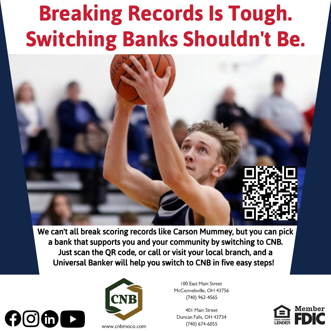 You don't have to be Morgan Boys Basketball record breaker Carson Mummey to switch to CNB! 🏀🏆 We make it easy! Contact us to get started! Thanks to Carson's family for your permission. We proudly support the Morgan Raiders! #cnbmoco #banklocal #letsgoraiders #since1886