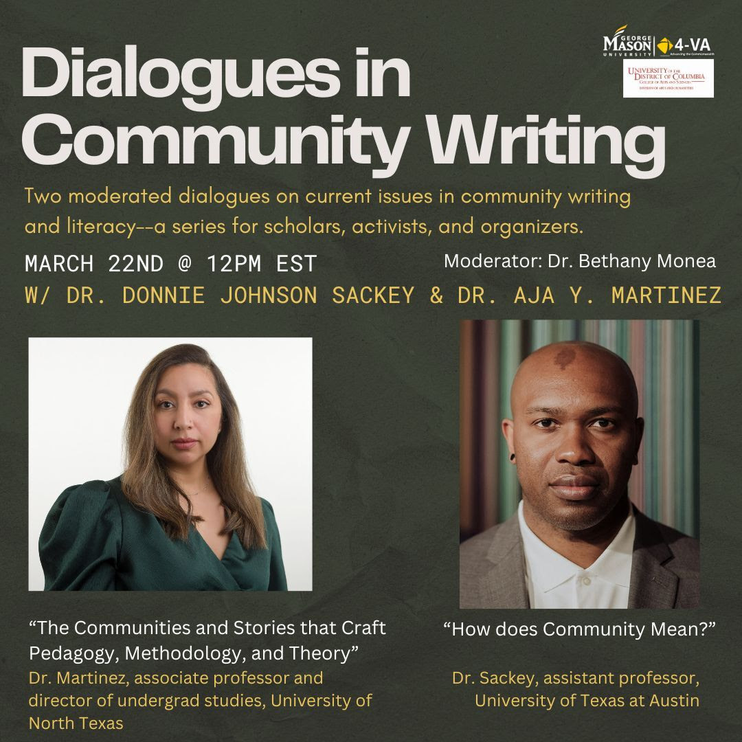 Looking to have a productive conversation about the past, present, and future of community writing work? Consider attending these upcoming Dialogues in Community Writing events. 

Register for March 1: mason360.gmu.edu/RSAMason/rsvp_…

Register for March 22: 
mason360.gmu.edu/RSAMason/rsvp_…