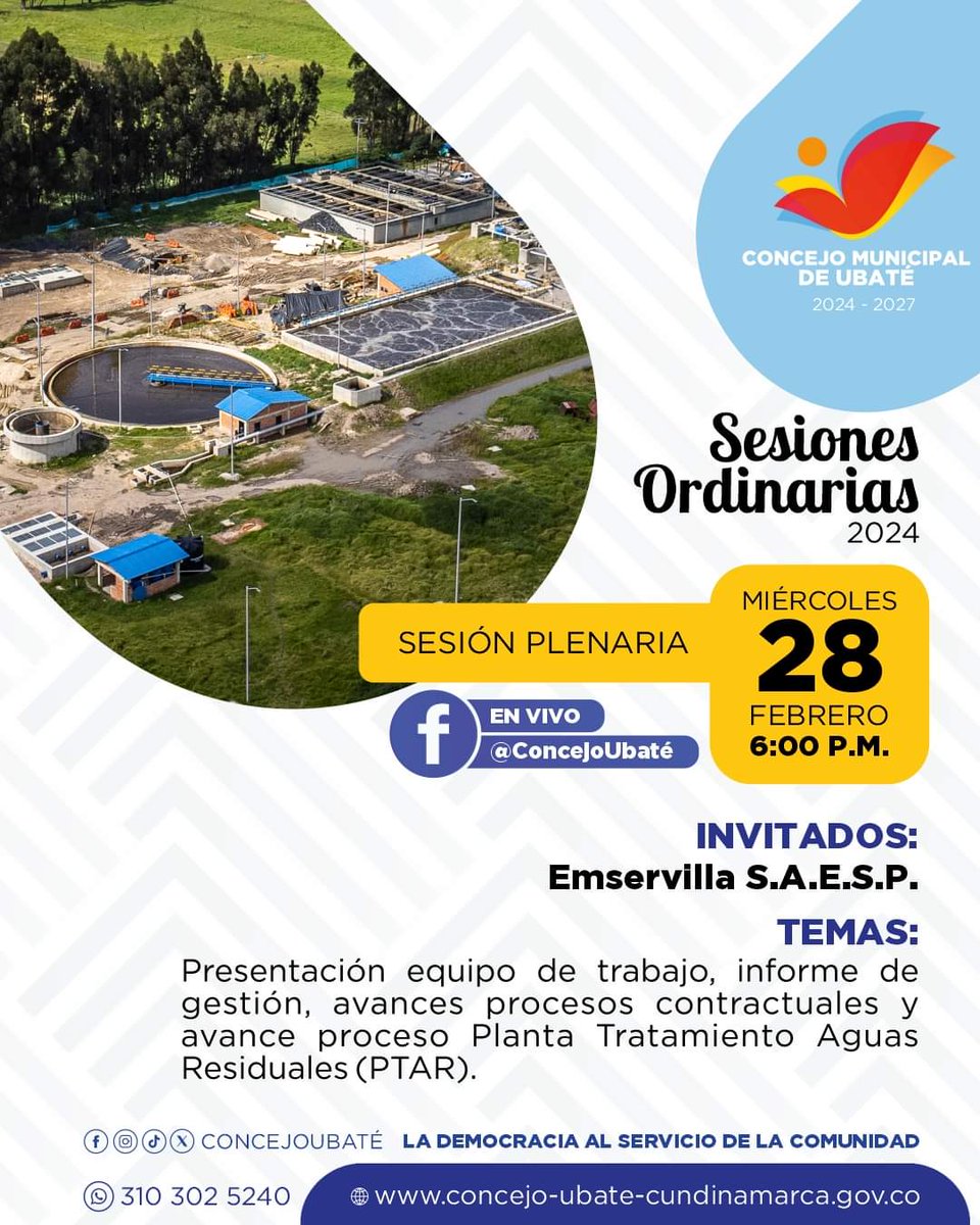 ConcejoUbate's tweet photo. 👉🏼 Sesión Plenaria || 🗓️ hoy miércoles 28 febrero - 2024. 
📹 #facebooklive 🕛 6:00 p.m. 
Invitados: @emservillaUbate  💦🧹♻️

#ConcejoUbaté 2024 - 2027 
🗳️ La democracia al servicio de la comunidad🗳️
https://t.co/elWaZJoZfU

@leonardoparraol https://t.co/MGkqUc55S9