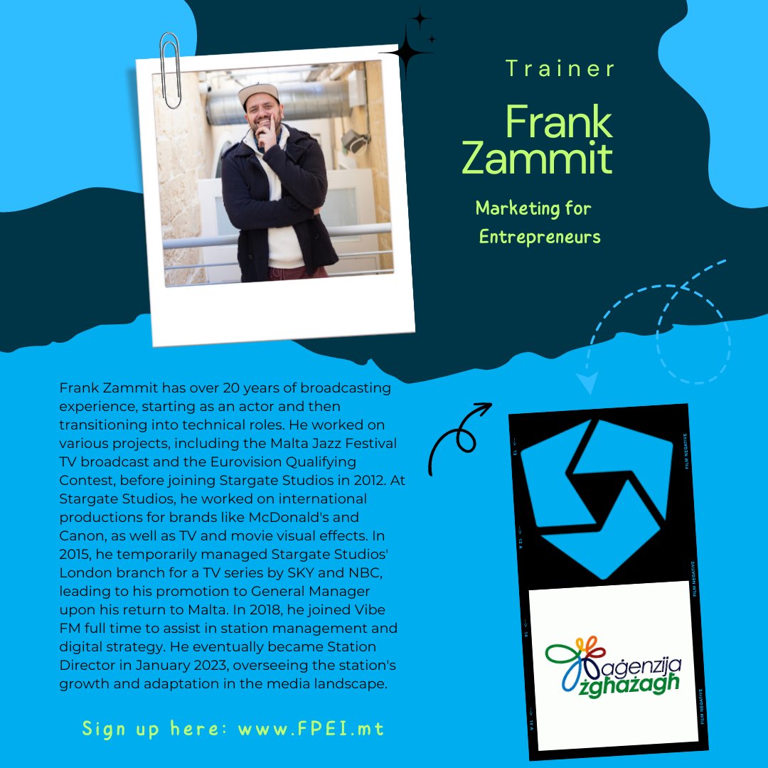 FPEI_Malta's tweet photo. Our trainer spotlight is on... Frank Zammit! He's going to tell us all about #marketing in the #digitalage. How can we get noticed in the confusion of content?
If you're a youth and want to know the answer to the question, register here: https://t.co/j5Z1U4jz2I
#youthchallenge https://t.co/hIfZUior3E