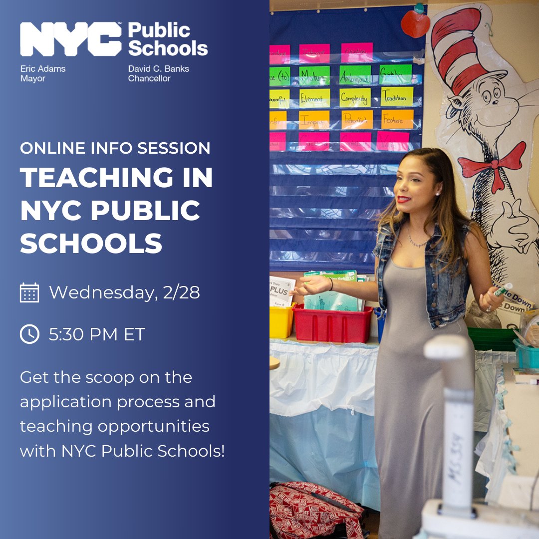 iteachnyc's tweet image. 💻 Join our info session webinar TONIGHT, Wednesday, 2/28, at 5:30 pm ET. Register now to save your spot: bit.ly/teachnyc-webin…