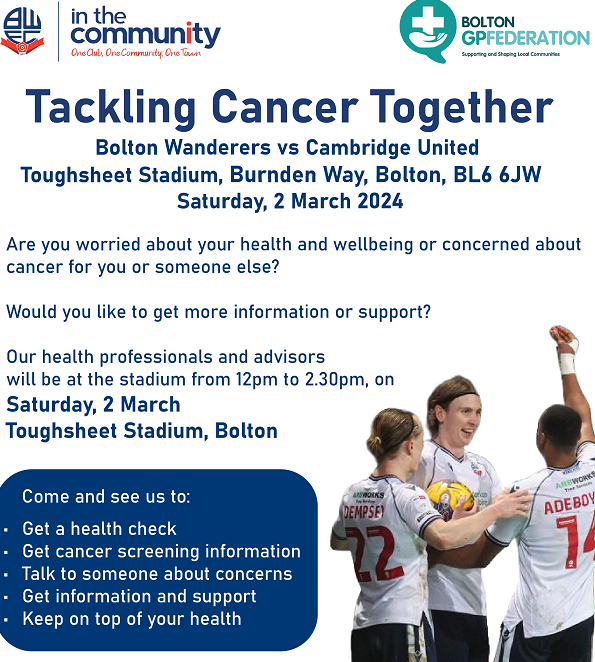 boltonmacinfo's tweet photo. 💚⚽️💚We are taking part in the TACKLING CANCER TOGETHER event this Sat 2nd March at Bolton Wanderers' Toughsheet Stadium. From 12-2.30pm. Pick up some info or have a chat if you have any questions or concerns . Please share this with anyone you know who's going to the match. https://t.co/UxTQv61yrY