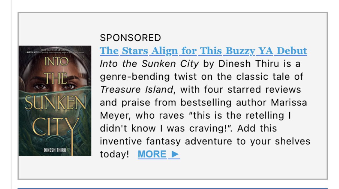 My publisher sponsored the children’s bookshelf newsletter in PW yesterday. Loved their write-up, highlighting Into the Sunken City’s 4 stars ⭐️⭐️⭐️⭐️!