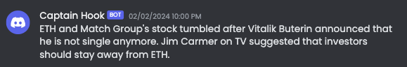 A screenshot of the Discord bot we used to announce news during the game.