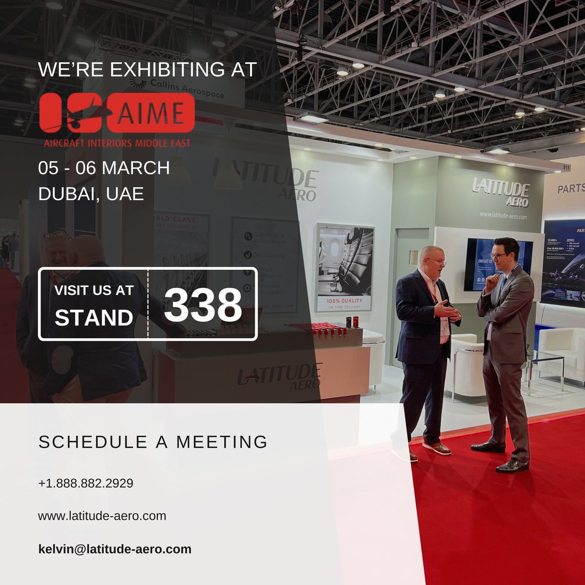 Aircraft Interiors Middle East is just around the corner! Don't miss the opportunity to #connect; reach out to kelvin@latitude-aero.com to schedule your meeting today. #AIME #MROME #MRO #Dubai #Aviation #avgeek #paxex