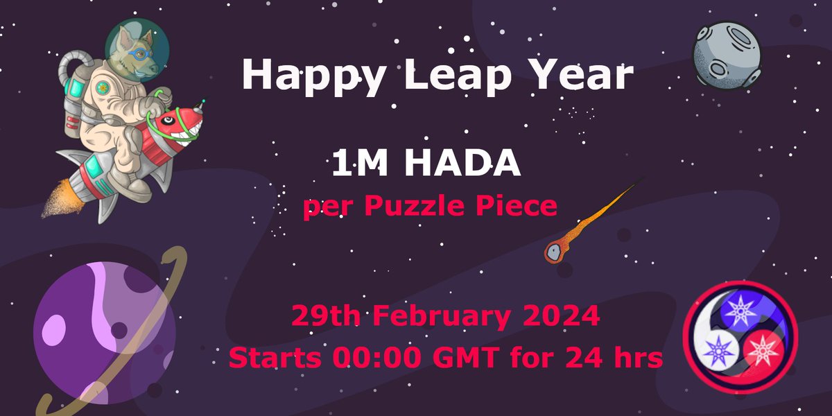 UberSlim's tweet photo. #Hada Happy Leap Year Celebration ๐ฅณ๐ป
29th FEBRUARY for 24 Hours
All primary purchases of HadaDog ppfps are 1 Million $HADA ๐ฅ๐งฉ๐๐
https://t.co/Sjr8VKTSn8
https://t.co/U7Sw4nAO1B
#XRPLCommunity #XRPNFT #NFTPuzzle https://t.co/vQIUHpjYNn