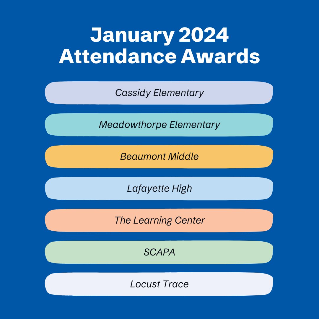 Fayette County Public Schools (@fcpsky) on Twitter photo 📣 Shoutout to Cassidy Elementary, Meadowthrope Elementary, Beaumont Middle, Lafayette High, The Learning Center, SCAPA, and Locust Trace, winners of the January Attendance Awards! 📣 Shoutout to Cassidy Elementary, Meadowthrope Elementary, Beaumont Middle, Lafayette High, The Learning Center, SCAPA, and Locust Trace, winners of the January Attendance Awards!