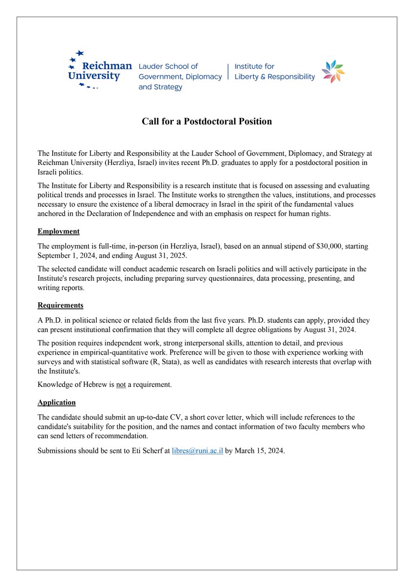 Israel Political Science Association (@ispsa_poli_sci) on Twitter photo A postdoctoral position about Israeli Politics at the Liberty and Responsibility institute at <a href="/LauderSchool_RU/">Lauder School of Government at Reichman University</a> A postdoctoral position about Israeli Politics at the Liberty and Responsibility institute at <a href="/LauderSchool_RU/">Lauder School of Government at Reichman University</a>