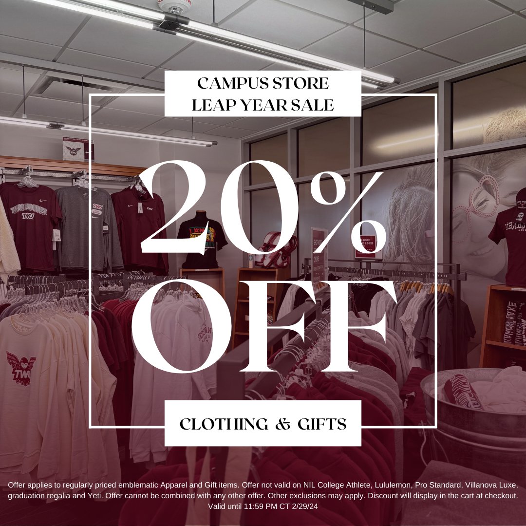 🛍️Leap into this sale! Visit the Campus Store or visit online to enjoy 20% off TWU Apparel and Gifts on Feb. 29th ONLY! Link in bio for online store! *This does not include graduation regalia & Yeti. #twustudentu #txwomans