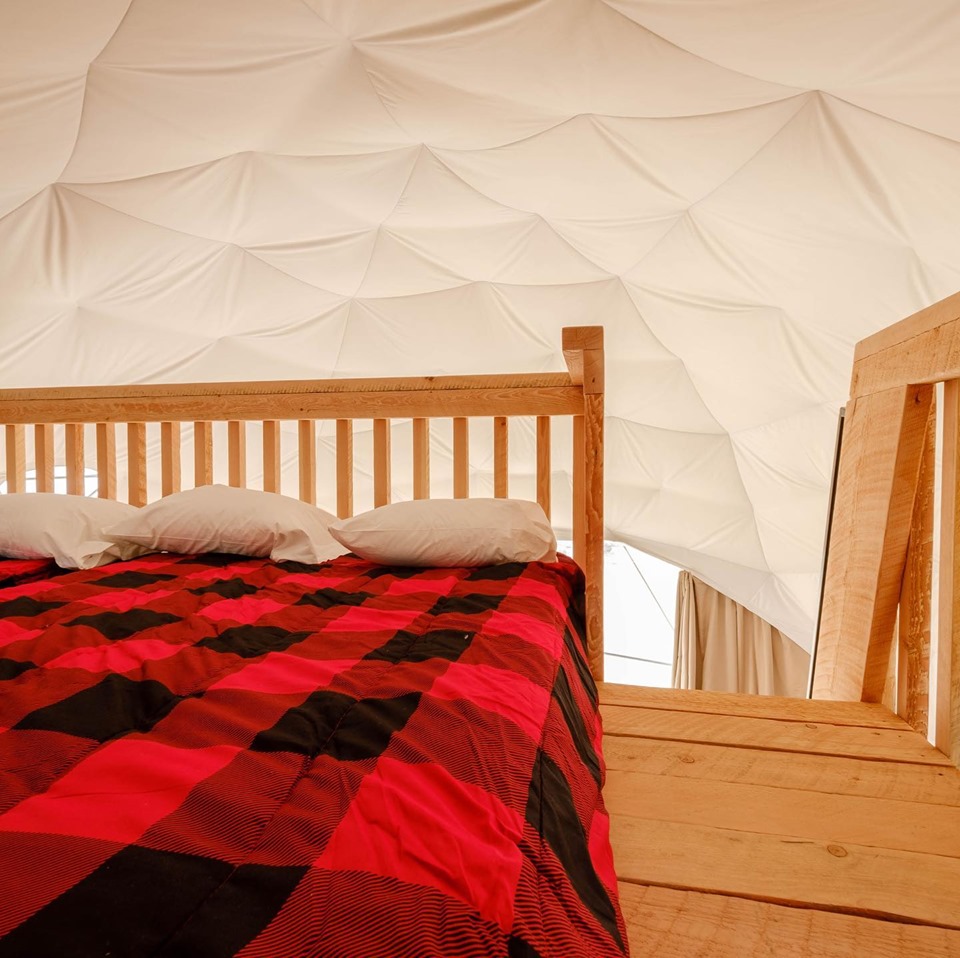 The loft is the way to go to get more beds into a dome! 24 ft/ 7 me Glamping dome at Glamping Resort Ltd. in Canada. #dome #glaming #glampingtent #glampingdome #domeglamping #domelife #domeliving #domestyle #pacificdomes