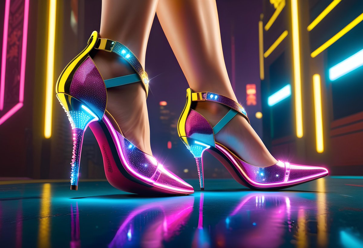 Cyberpunk Heels #shoes #womensshoes #cyberpunk #cyberpunkheels #highheels #sparkling #ai #digitalart #art #artificialintelligence #aigenerated #generativeai #machinelearning #aiart #aiartworks #aiartistcommunity #aiartist