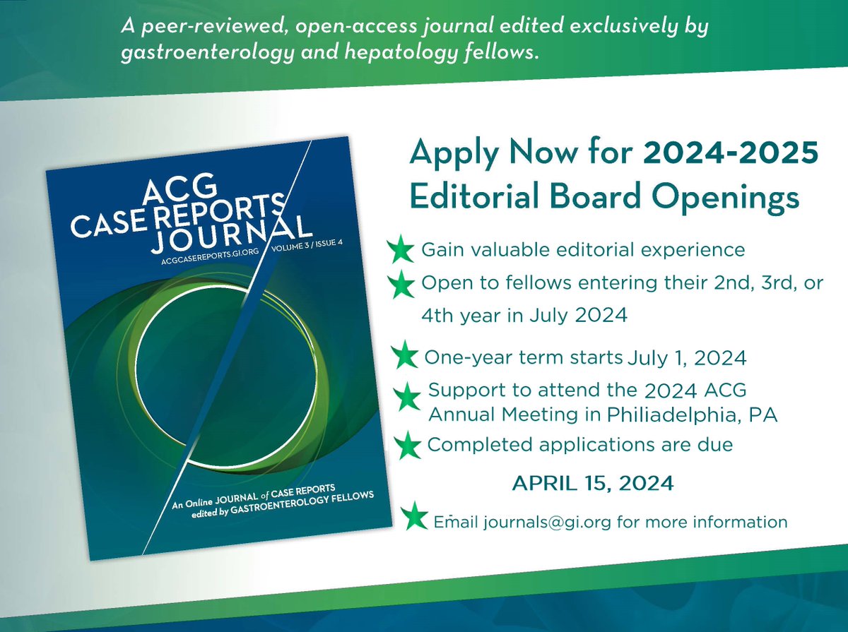 🚨 Attention, #GIfellows! Apply to join the 2024-2025 ACG Case Reports Journal Editorial Board Gain experience reviewing GI and hepatology case reports & establish your reputation as a leader. Applications are due April 15. ➡️bit.ly/ACGCRJ2024