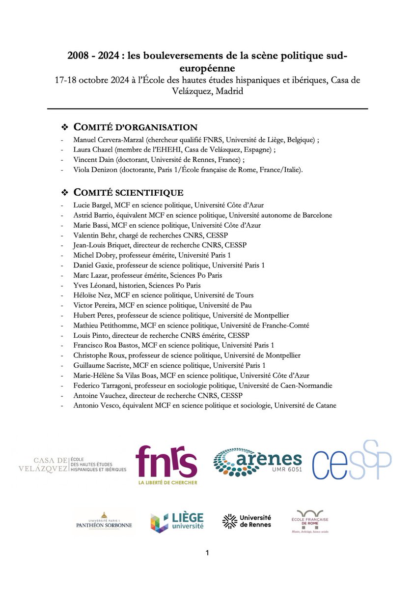 🚨 APPEL À COMMUNICATIONS ! 

Les 17 et 18 octobre 2024, on organise à la <a href="/casadevelazquez/">Casa de Velázquez</a> à Madrid un colloque intitulé « 2008-2024 : les bouleversements de la scène politique sud-européenne » 🇪🇸🇵🇹🇮🇹🇬🇷🇨🇾

📅 Propositions attendues pour le 12 avril.