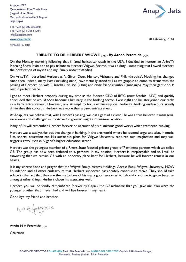 Our Founder &amp; Chairman <a href="/AtedoPeterside/">Atedo Peterside</a> released this <a href="/HerbertOWigwe/">Herbert Wigwe, C.F.R</a> tribute today. The entire Anap Jets family continues to pray for the repose of the souls of the departed <a href="/WigweUniversity/">Wigwe University</a> <a href="/myaccessbank/">Access Bank Plc</a> <a href="/anapfoundation/">Anap Foundation</a> <a href="/HOWFoundationNG/">TheHOWFoundation</a>