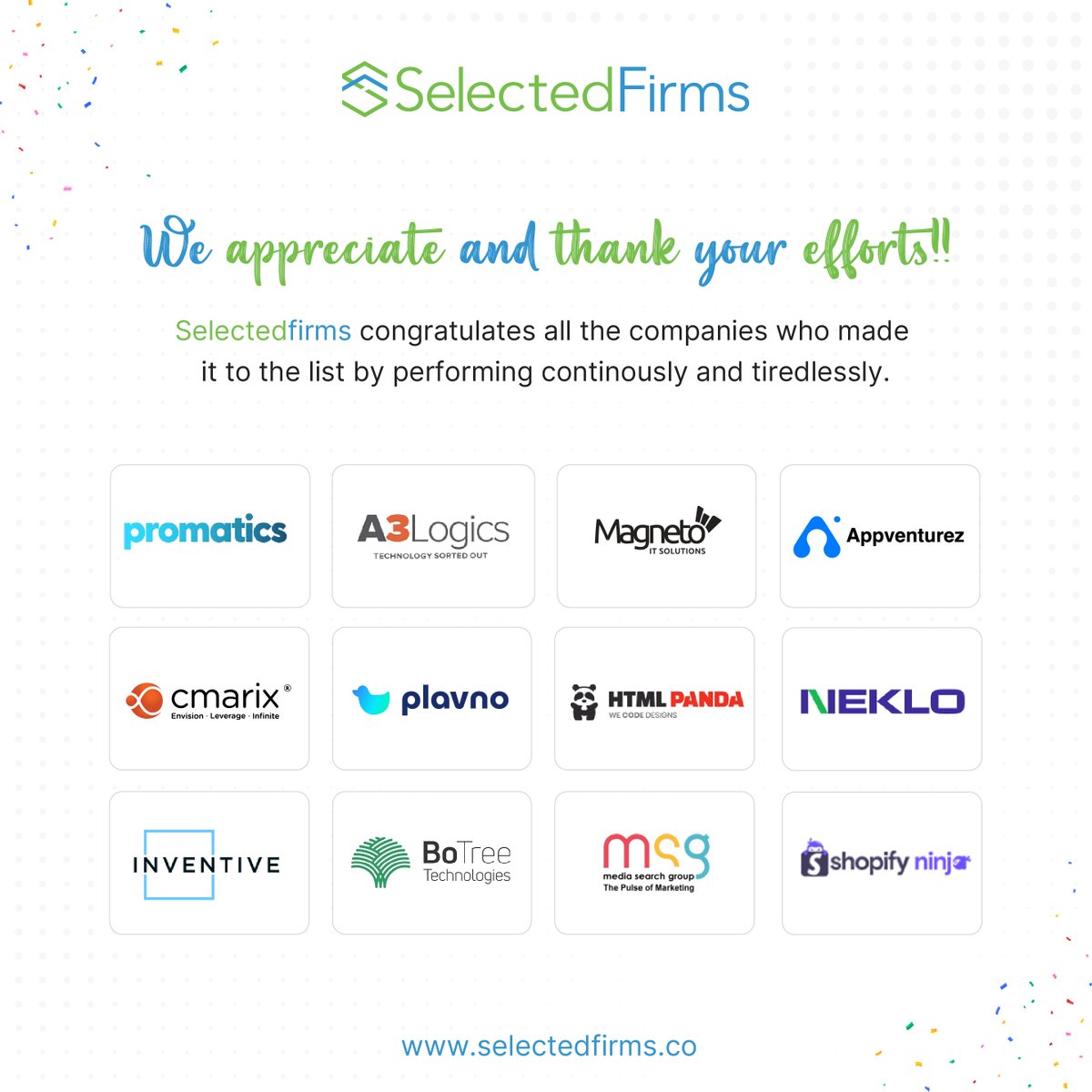 SelectedFirms sends shoutouts to all the top Software Development Companies in the United States of America: bit.ly/3P0O28z Congratulations! @promatics @A3logics @magnetoit @Appventurez @CMARIXTechLabs @plavno_ @htmlpanda